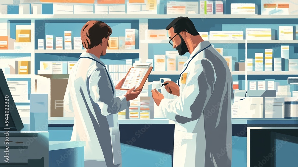 Pharmacists consulting in a modern pharmacy setting while reviewing medication and patient records during the day Pharmacists consulting in a modern pharmacy setting while reviewing medication and patient records during the day