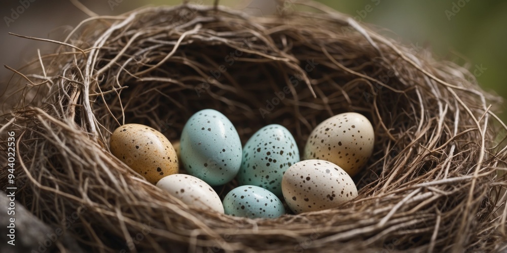 Close-up of speckled bird eggs in a nest. Close-up of speckled bird eggs in a nest.