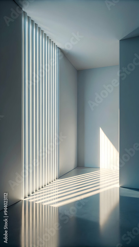 Minimalist Light: A single white cube rests in a clean, modern space bathed in warm sunlight, casting striking shadows on the wall. The simple, yet elegant scene exudes a sense of calm and tranquility