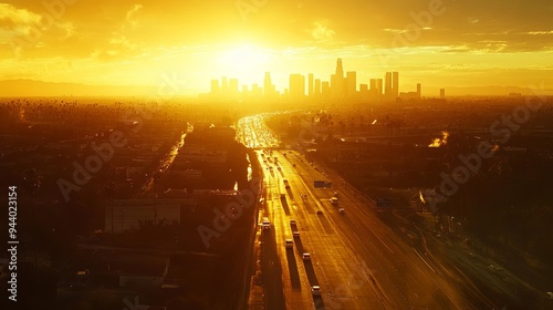 A mesmerizing cityscape unfolds as the golden rays of sunset illuminate New Delhi's bustling streets. The vibrant tapestry of life weaves its way through the city's intricate arteries