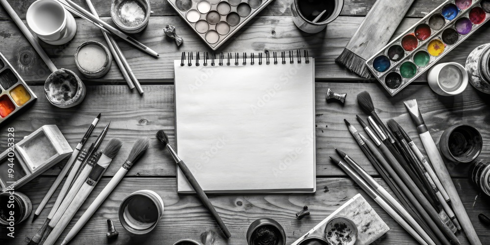 Black and White Artist's Palette with Blank Notebook, Watercolor Paints, and Brushes on Wooden Table - Ready for Inspiration Black and White Artist's Palette with Blank Notebook, Watercolor Paints, and Brushes on Wooden Table - Ready for Inspiration
