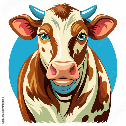 Close-up portrait of a brown and white cow with blue horns and eyes
