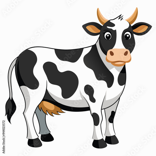 Cartoon Cow with Black and White Spots and Brown Horns
