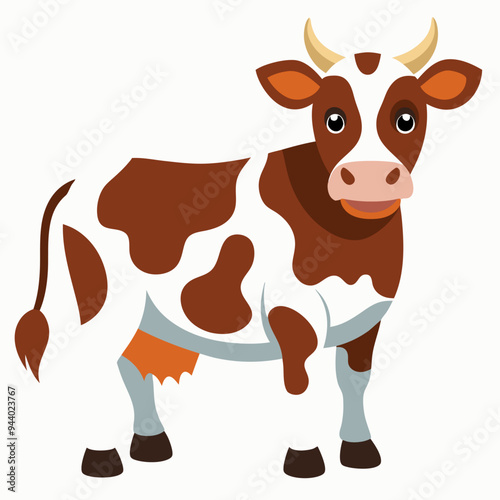 Brown and White Cow with Spot Pattern Standing on White Background
