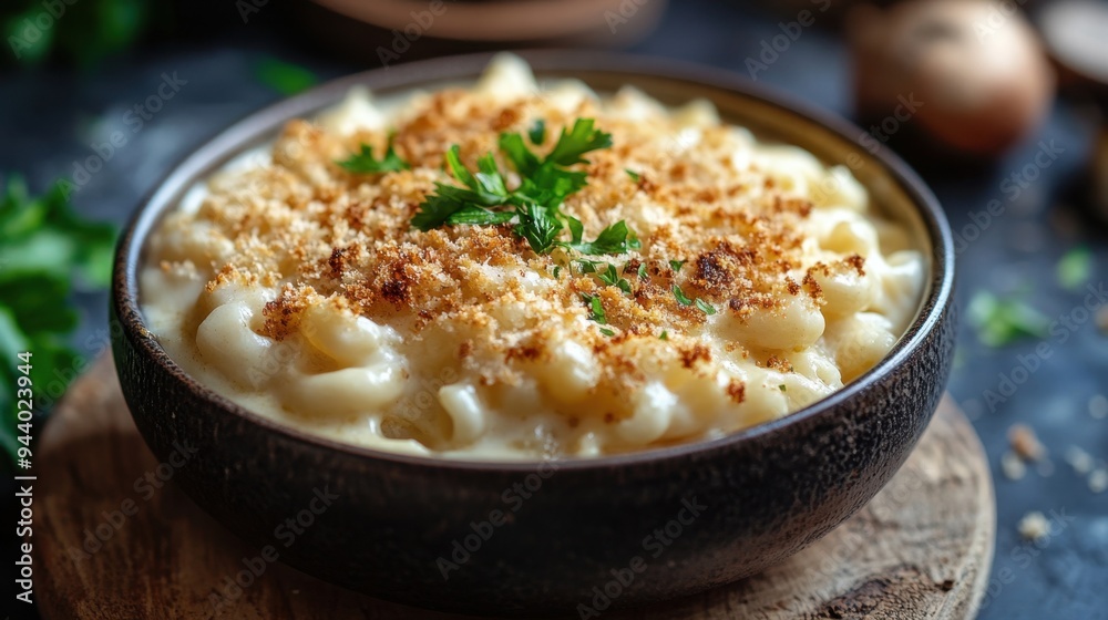 mockup showcasing a comforting bowl of macaroni and cheese with breadcrumb topping perfect for the cozy fall season mockup showcasing a comforting bowl of macaroni and cheese with breadcrumb topping perfect for the cozy fall season