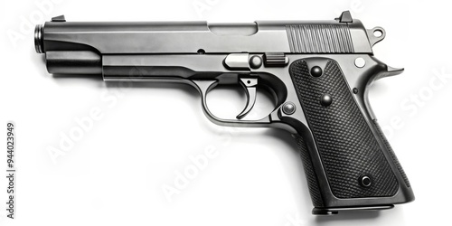 Black Semi-Automatic Pistol on White Background - A Close-Up Perspective