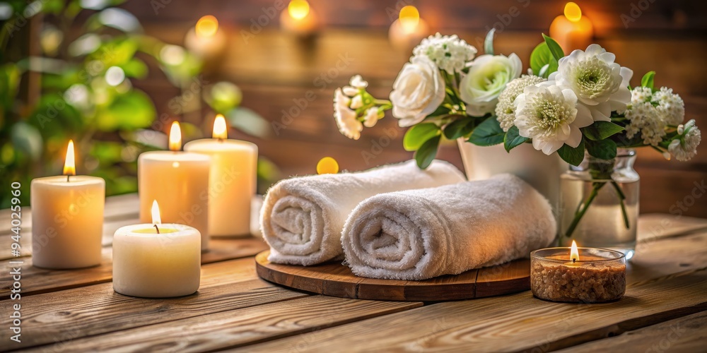 Candlelit Spa Relaxation White Towels, Flowers, and Warm Light on Wooden Table Candlelit Spa Relaxation White Towels, Flowers, and Warm Light on Wooden Table