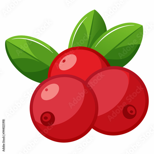 Three Red Cranberries with Green Leaves