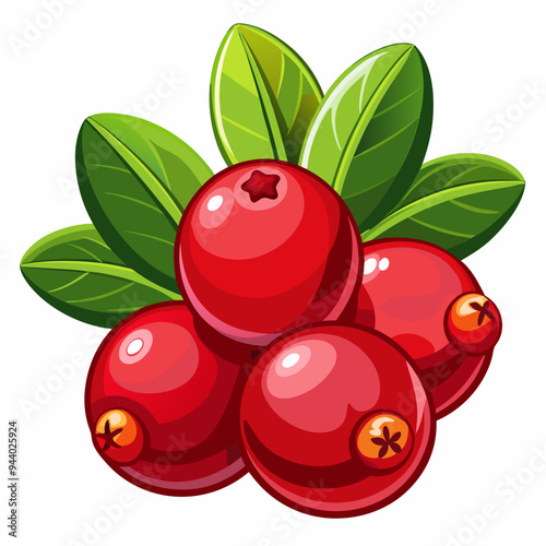 Four Cranberries with Green Leaves