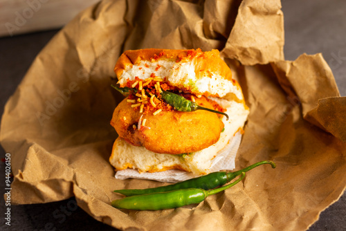 selective focus of Mumbai's famous street food delicious Vada Pav, With coriander leave chutney, tomato sauce, dry garlic chutney and fried chilli.  photo