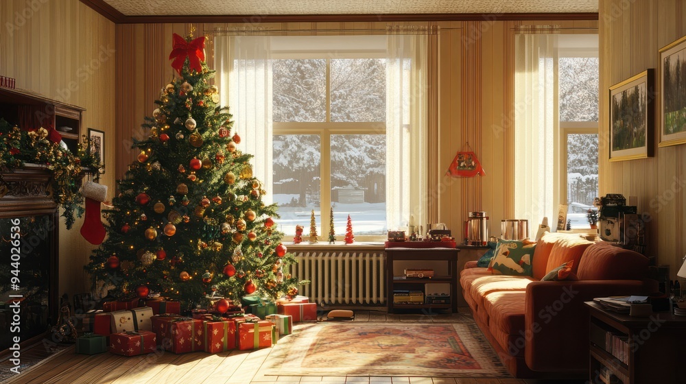 A decorated christmas tree in a living room A decorated christmas tree in a living room