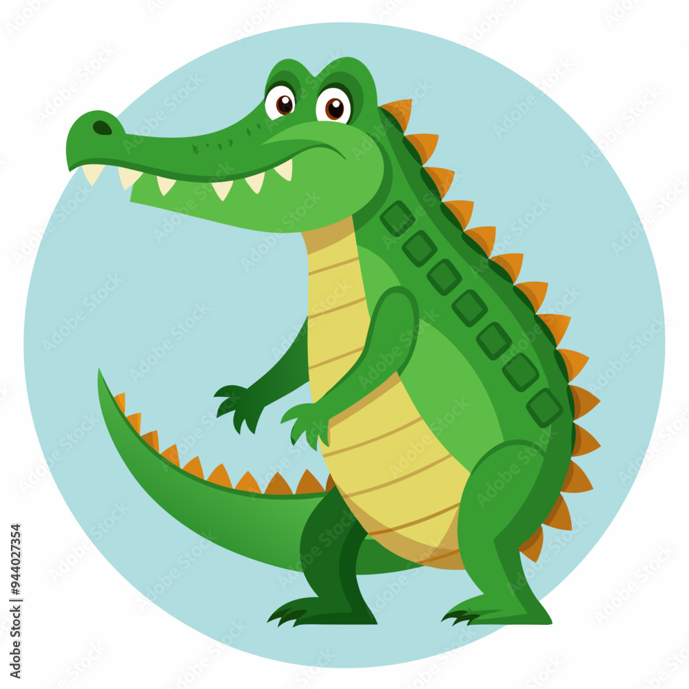 Fototapeta premium Green Crocodile with Spiky Tail and Yellow Belly