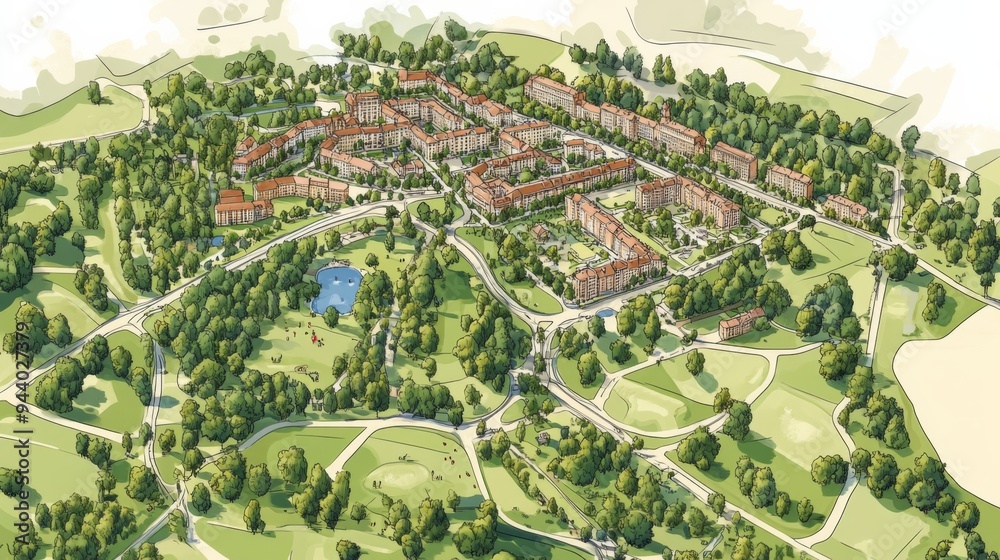 Fototapeta premium Aerial view of urban residential complex amidst greenery