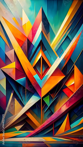 Wallpaper Mural Abstract Geometric Pattern: A vibrant and intricate abstract geometric pattern, composed of overlapping triangles and squares in a kaleidoscope of colors. The artwork evokes a sense of depth, movement Torontodigital.ca