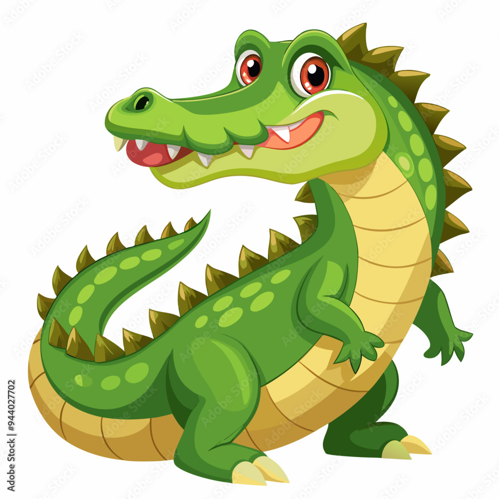 Fototapeta premium Cartoon illustration of a green crocodile with a yellow belly and white teeth