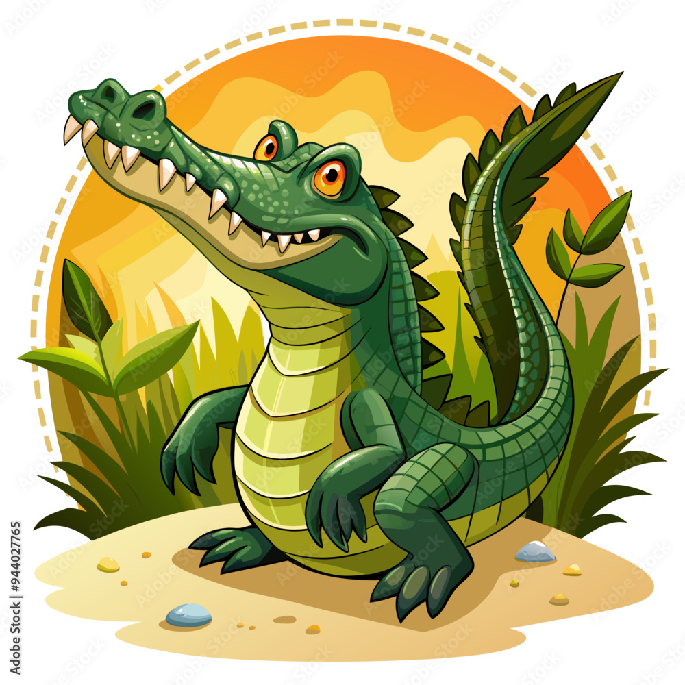Obraz premium Cartoon Crocodile with Sharp Teeth in a Tropical Setting