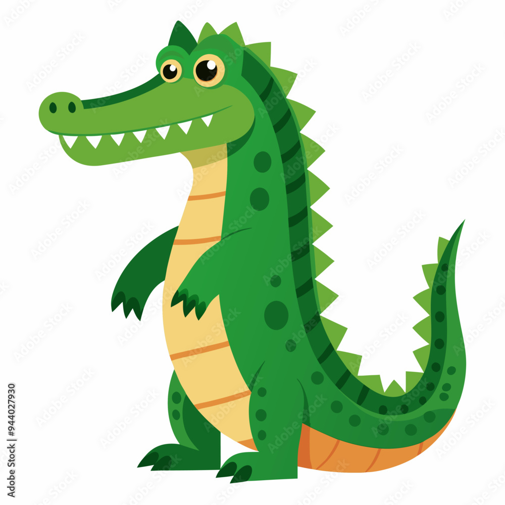 Fototapeta premium Cartoon Green Alligator with Large Teeth and Yellow Eyes