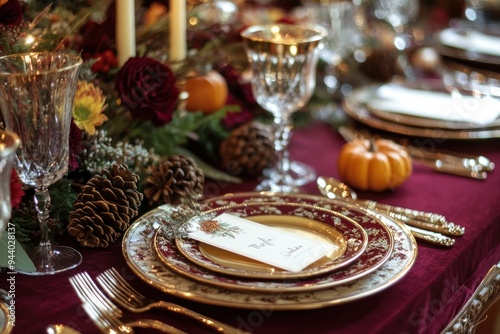 Elegant Table Setting with Burgundy Tablecloth, Gold Trimmed Plates, Pine Cones, and a Single Pumpkin