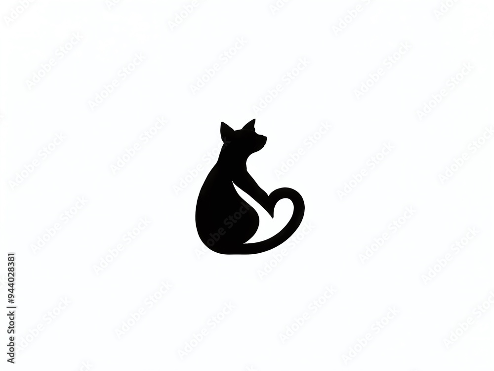 Silhouette of a cat sitting gracefully with a curled tail against a simple white background Silhouette of a cat sitting gracefully with a curled tail against a simple white background