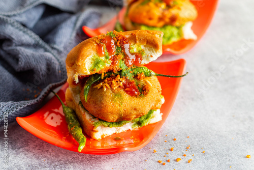 selective focus of Mumbai's famous street food delicious Vada Pav, With coriander leave chutney, tomato sauce, dry garlic chutney and fried chilli.  photo