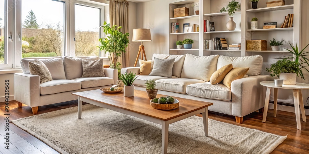 Cozy Living Room with White Sofa, Wooden Coffee Table, and Bookshelf