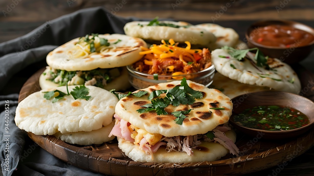 Grilled Arepas with Chicken, beef and Ham topping
