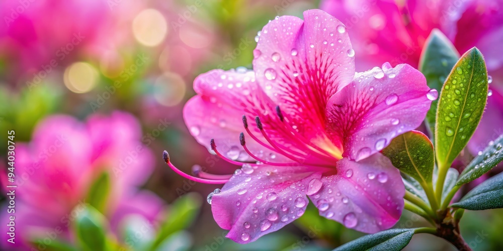 Dew-Kissed Azalea Macro Photography of a Pink Flower with Water Droplets on Petals and Leaves Dew-Kissed Azalea Macro Photography of a Pink Flower with Water Droplets on Petals and Leaves