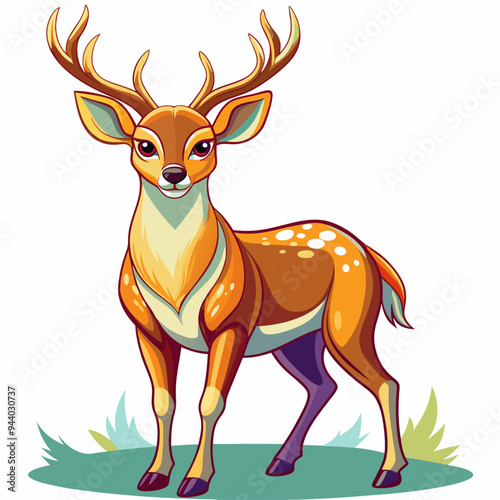 A Cartoon Deer with Antlers and Spots Standing on Green Grass