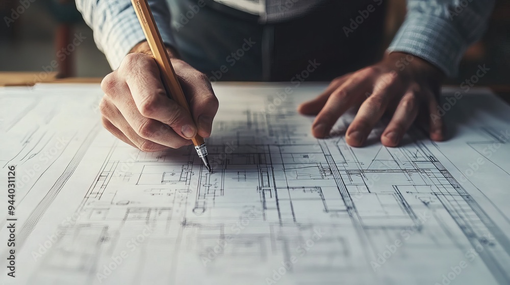 An architect diligently drafts a building's floor plan, meticulously crafting a blueprint on paper. This intricate design serves as a comprehensive guide for engineers to construct the structure An architect diligently drafts a building's floor plan, meticulously crafting a blueprint on paper. This intricate design serves as a comprehensive guide for engineers to construct the structure