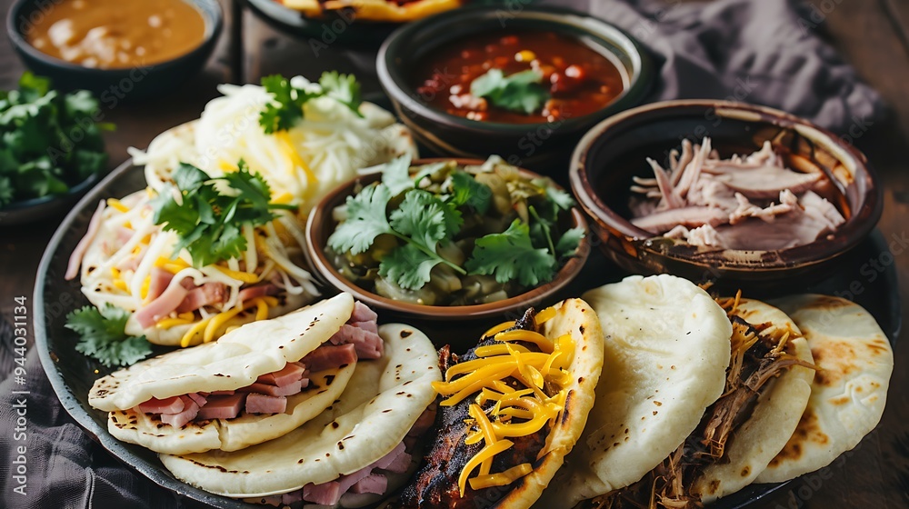 Grilled Arepas with Chicken, beef and Ham topping Grilled Arepas with Chicken, beef and Ham topping
