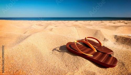 Flips flops on the beach, by the sea, ocean, summer footwear