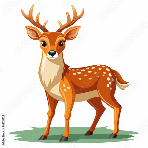 A Spotted Deer with Large Antlers Standing on a Green Patch
