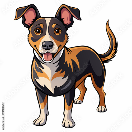 Cartoon Illustration of a Smiling Tricolor Dog