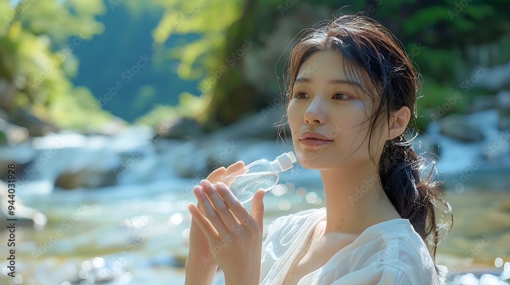A Japanese skincare model applying a water-based serum, standing by a clear, flowing stream, serene expression, natural light, hd quality, natural look, refreshing and pure ambiance, A Japanese skincare model applying a water-based serum, standing by a clear, flowing stream, serene expression, natural light, hd quality, natural look, refreshing and pure ambiance,