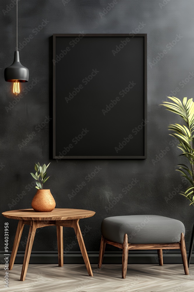 A modern interior featuring a blank frame, table, plant, and stylish lighting. A modern interior featuring a blank frame, table, plant, and stylish lighting.