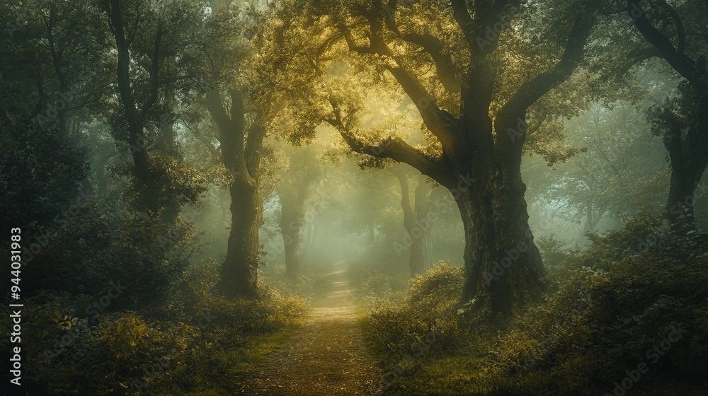 A mysterious path leads through a foggy forest with sunlight filtering through the canopy. A mysterious path leads through a foggy forest with sunlight filtering through the canopy.