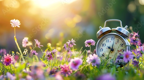 An alarm clock is shaded by vivid spring flowers on a backdrop of calm nature