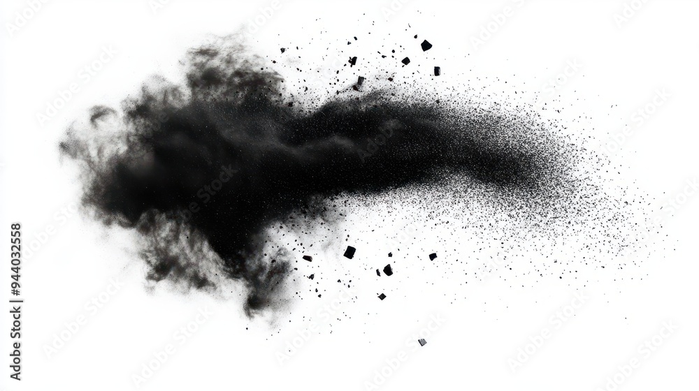 black chalk pieces and powder flying explosion effect isolated on white black chalk pieces and powder flying explosion effect isolated on white