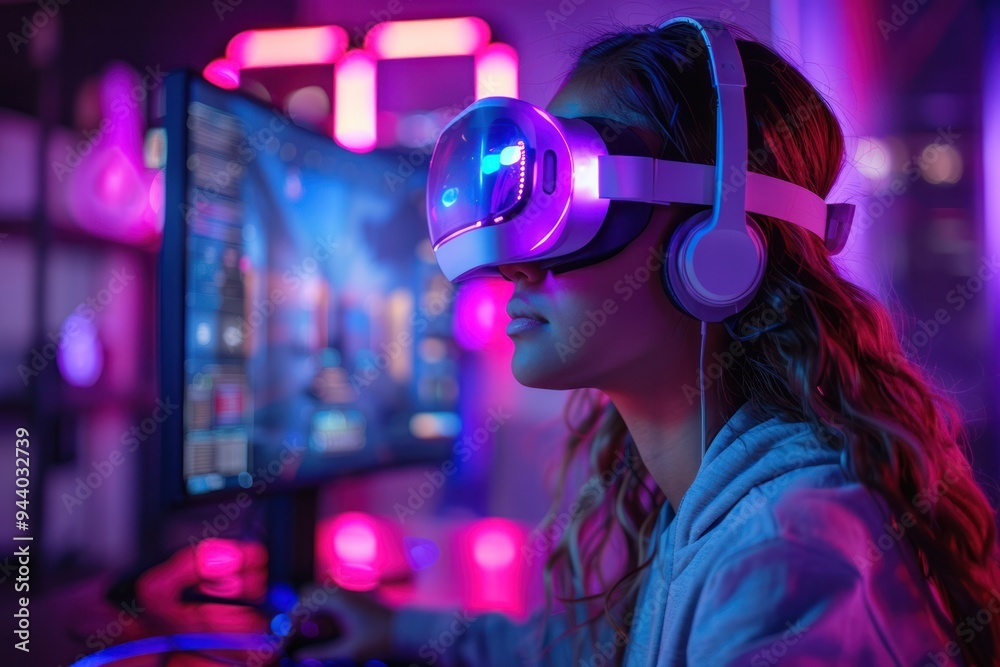 A woman is playing a video game with a VR headset on A woman is playing a video game with a VR headset on