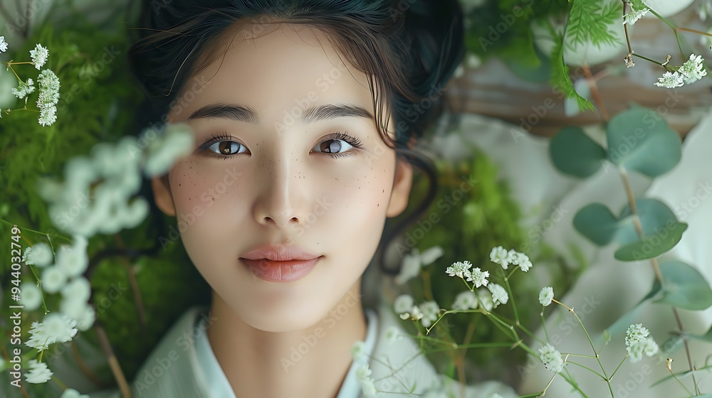 A Japanese skincare model surrounded by natural ingredients like green tea leaves, rice, and seaweed, applying serum, serene expression, natural light, hd quality, natural look, traditional attire,