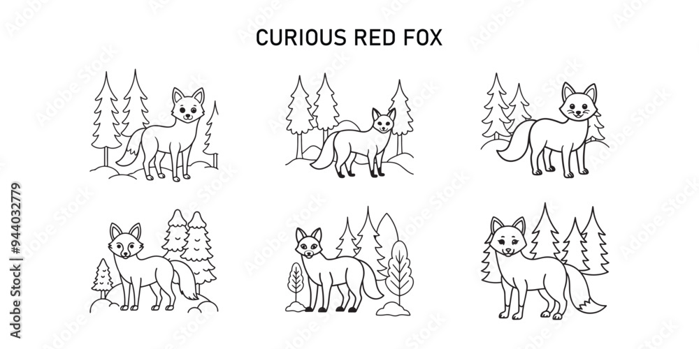 Curious Red Fox in the Forest set vector illustration Curious Red Fox in the Forest set vector illustration