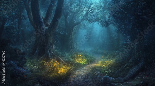 A mysterious path winds through a dense forest, bathed in an ethereal glow.