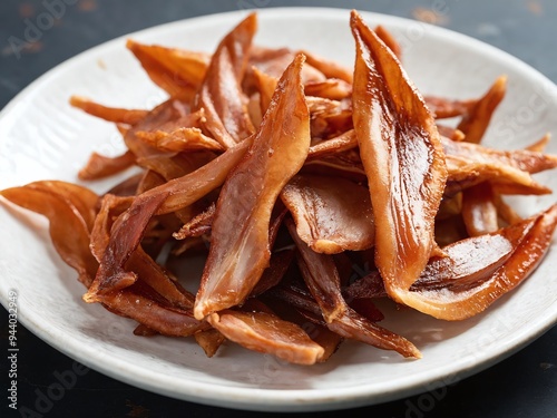 Dried meat strips served on a white plate highlighting their rich color and texture in a cozy dining setting photo