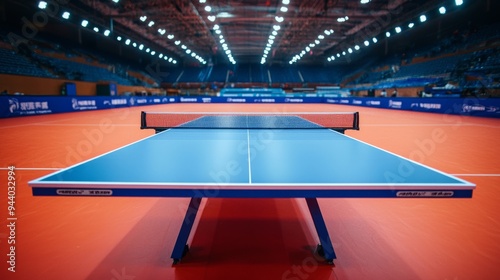 Blue table tennis or pingpong table is settle on red, orange floor of indoor court stadium for competitions tournament.