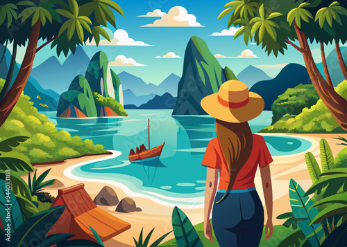 vector of woman gazing at a stunning natural landscape. The scene features towering mountains, a serene lake, and boats on the water, all set against the backdrop of a breathtaking sunset