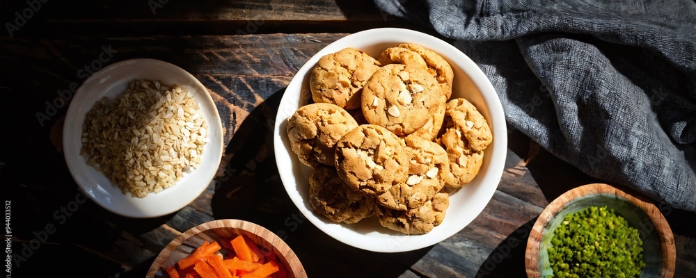 Freshly baked cookies in a bowl surrounded by ingredient bowls on a rustic wooden table in natural light Freshly baked cookies in a bowl surrounded by ingredient bowls on a rustic wooden table in natural light