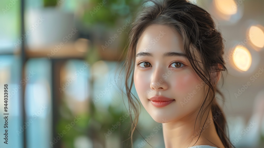Fototapeta premium Close-up of a Japanese skincare model applying moisturizer, in a sleek modern Japanese interior, gentle natural light, calm expression, hd quality, natural look, minimalist decor,