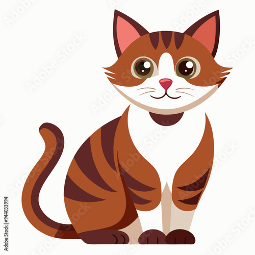 A cartoon illustration of a cute tabby cat with brown and white fur sitting on a white background