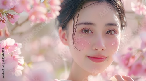 Close-up of a Japanese skincare model in a field of cherry blossoms, applying serum, soft natural light, hd quality, natural look, serene expression, blooming flowers, cultural beauty, elegant kimono,