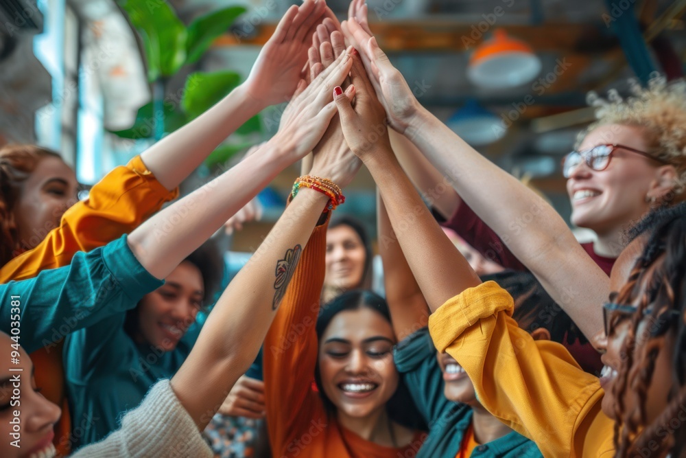 Fototapeta premium A group of women are high fiving each other in a circle
